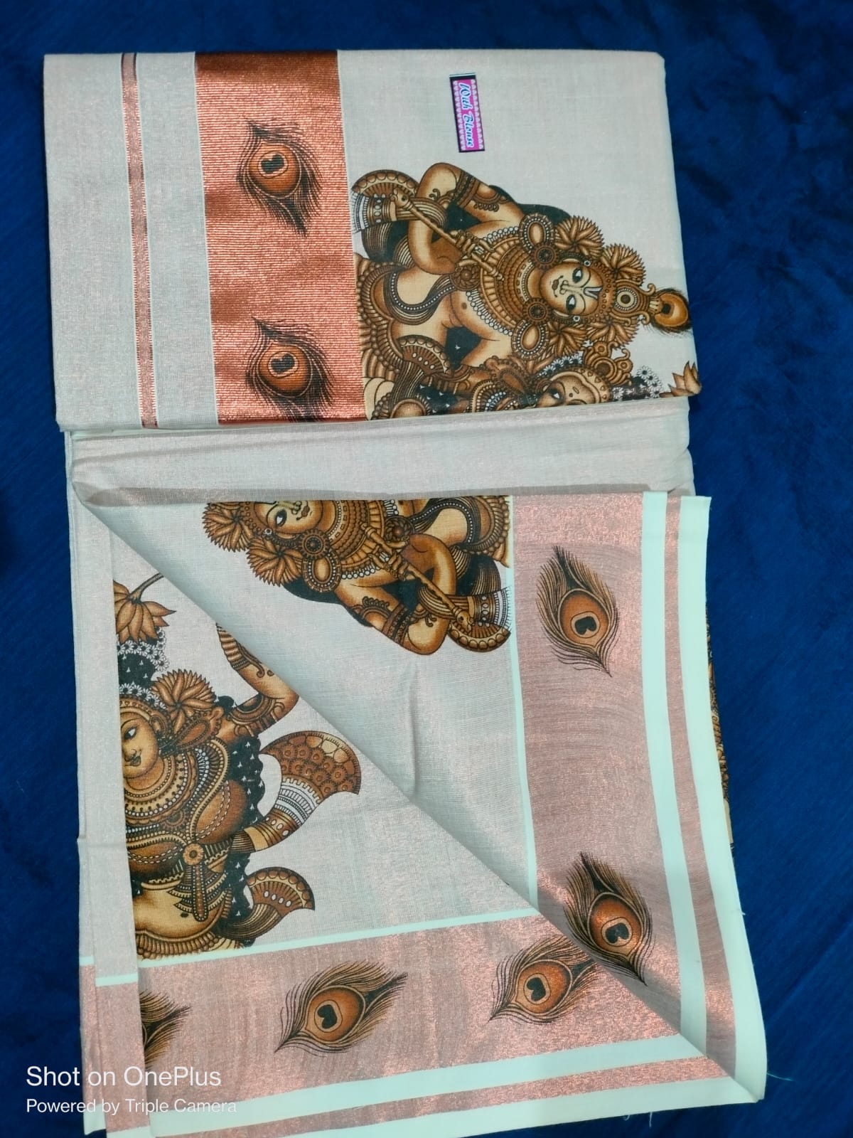 copper kasavu wallprint saree